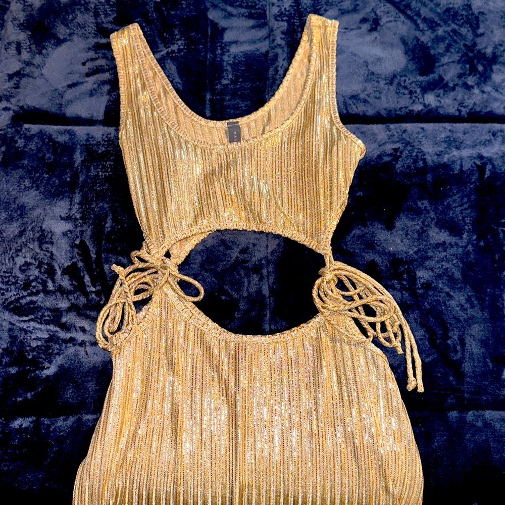 Brand New: May Pink brand , sleeveless jumpsuit, size medium, color gold